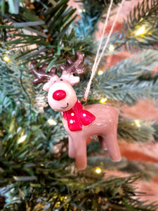 Ceramic brown reindeer with red scarf hanging Christmas Tree decoration
