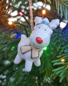Ceramic white reindeer with blue hat and scarf hanging Christmas Tree decoration