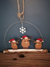 Load image into Gallery viewer, Shoeless Joe Highland cows in hats - hanging Christmas decoration