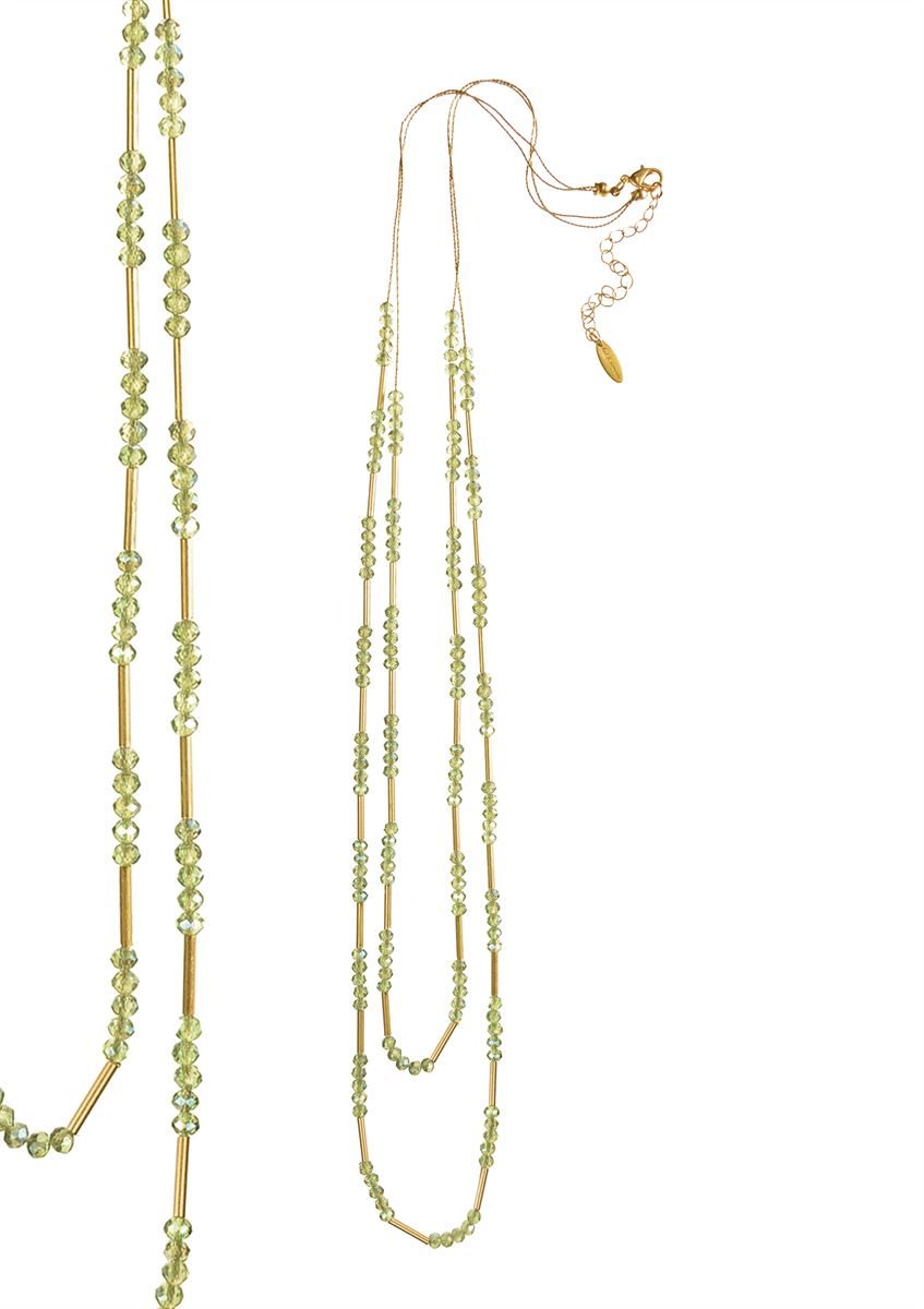Hot Tomato Layered Twin Crystals on slip chain necklace - gold/pistachio    LF661