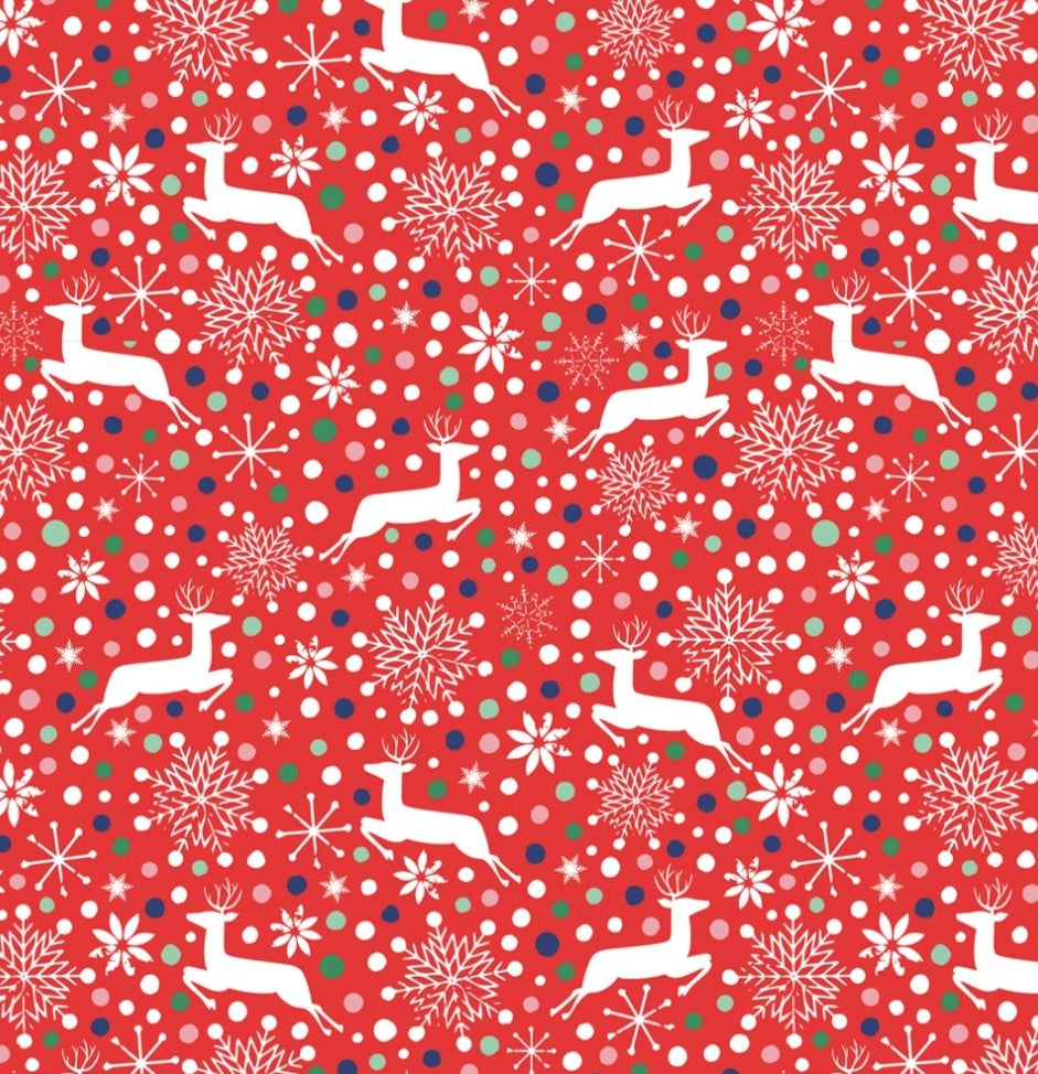 Prancing Reindeer Christmas wrapping paper and gift tags
