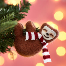 Load image into Gallery viewer, Swinging Sloth with Scarf - hanging Christmas tree decoration