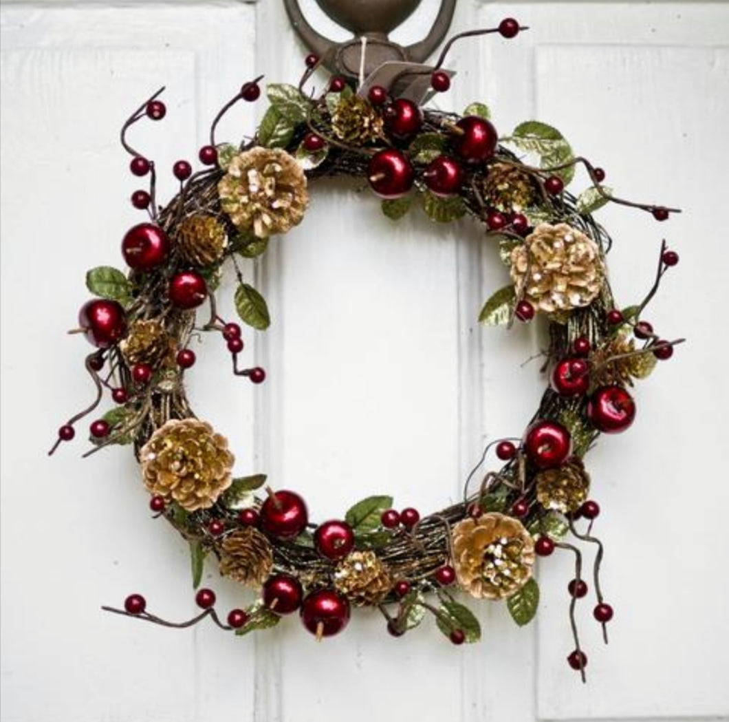 Gisela Graham Christmas Red Cherry Wreath with Gold Cones