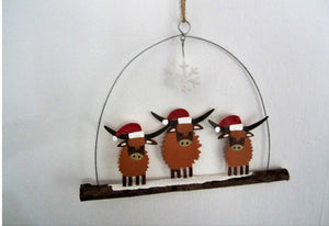 Shoeless Joe Highland cows in hats - hanging Christmas decoration