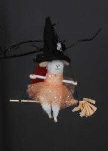 Gisela Graham mouse on broom hanging Halloween decoration