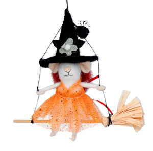 Gisela Graham mouse on broom hanging Halloween decoration