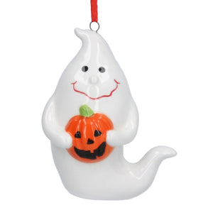 Gisela Graham ceramic ghost with pumpkin - hanging Halloween decoration