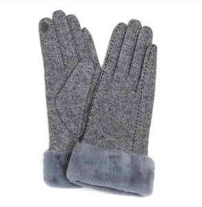 POM Grey wool mix stitch detail ladies gloves with faux fur trim