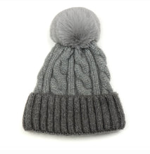 Load image into Gallery viewer, POM Grey cable knit fluffy recycled yarn ladies bobble hat