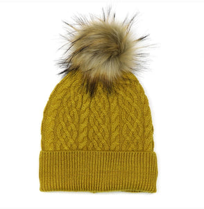 POM Mustard cable twist knit and faux fur ladies bobble hat