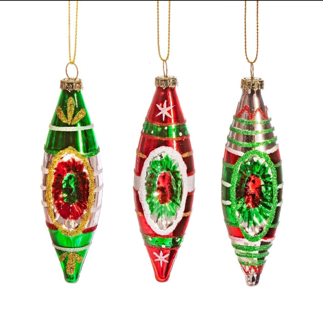 Vintage long indented Christmas tree baubles - set of 3