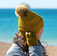 Load image into Gallery viewer, POM Mustard cable twist knit and faux fur ladies bobble hat