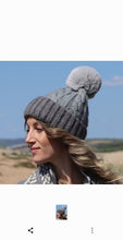 Load image into Gallery viewer, POM Grey cable knit fluffy recycled yarn ladies bobble hat